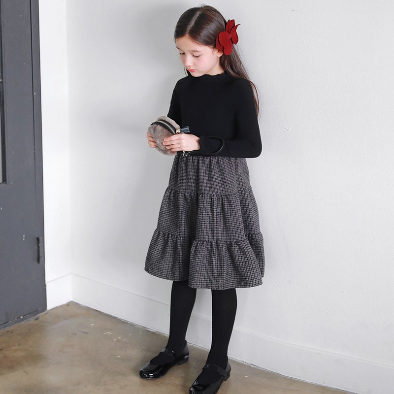 Pigekjole efterår & vinter børn plaid kjole elastisk strik top patchwork baby prinsessekjole børn fest uld ,#5405