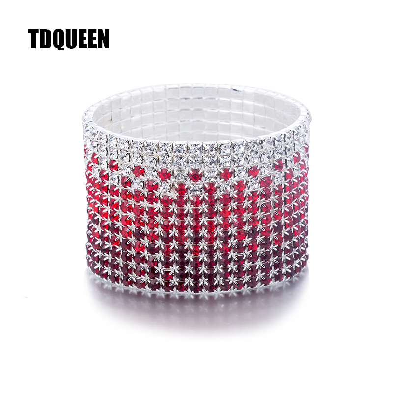 12 Rijen Bruiloft Armband Red En Clear Crystal Strass Combinatie Verzilverd Bridal Sieraden Stretch Bangle Armbanden