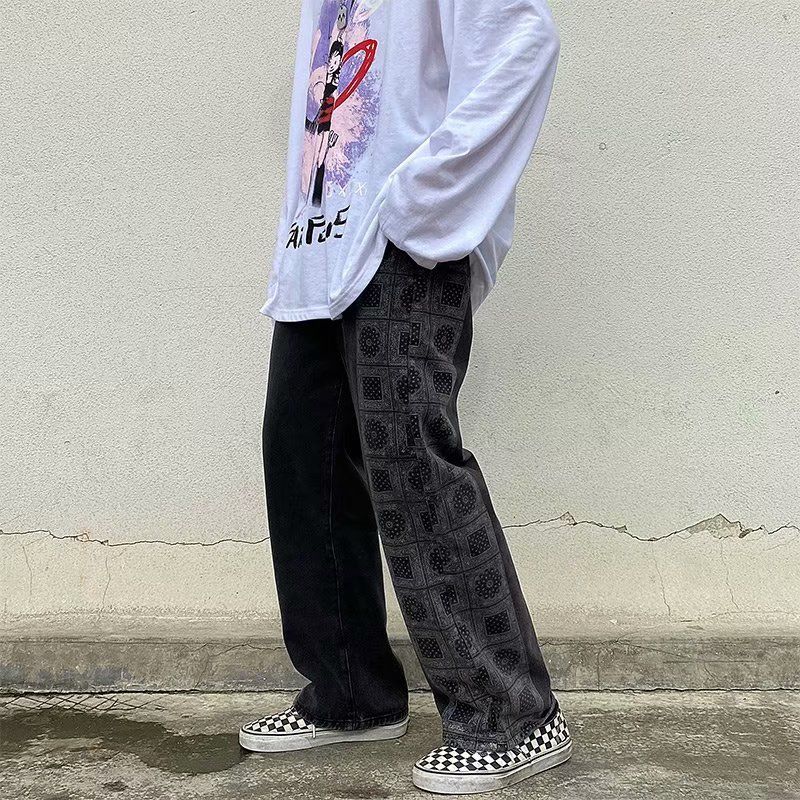 DUEWEER Mens Straight Jeans Spring Autumn Black Baggy Hip Hop Trousers Men Plus Size Plaid Print Harajuku Wide Leg Denim Pants