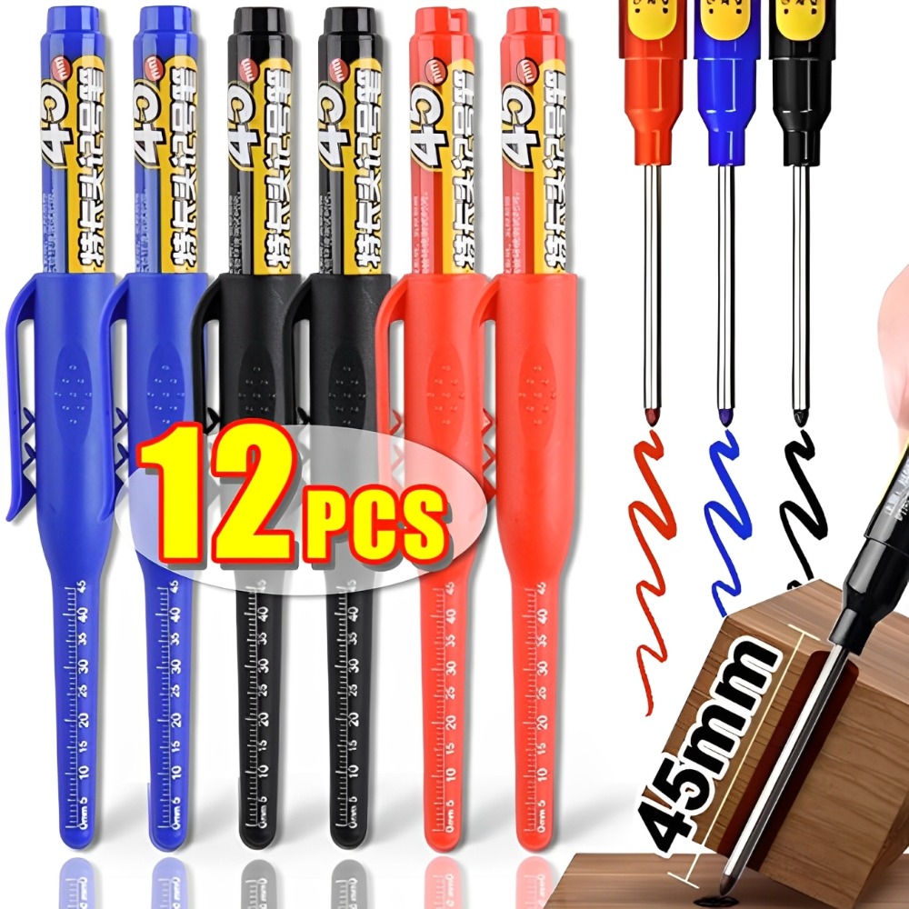 12-1 Uds. Rotuladores multiusos de 45mm de profundidad con agujeros, puntas largas, rotuladores impermeables para baño, carpintería, bolígrafos de carpintero de cabeza larga