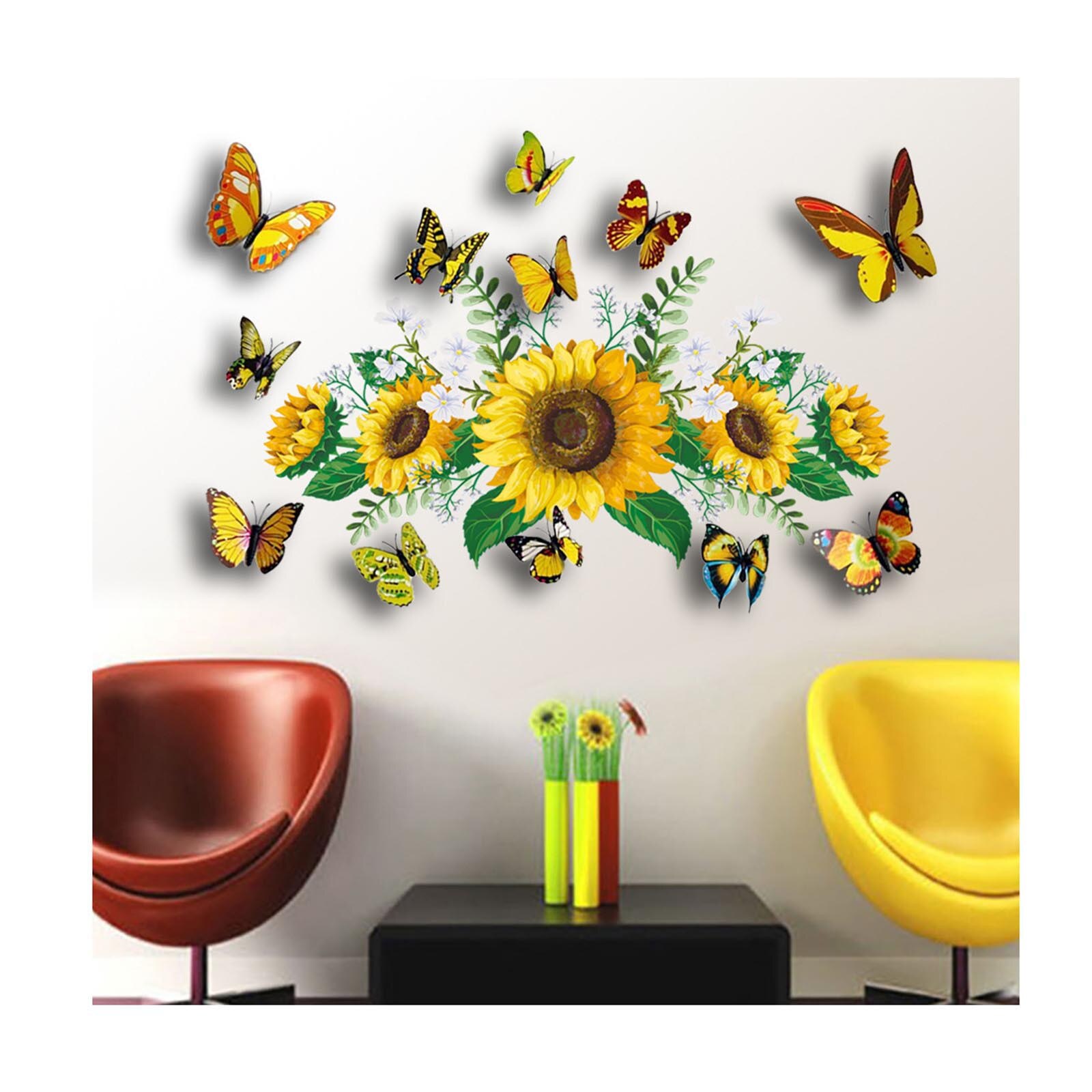 Zonnebloem Muurstickers Met 3D Vlinder Muursticker Vlinder Muurstickers Stickers Наклейки На Стену