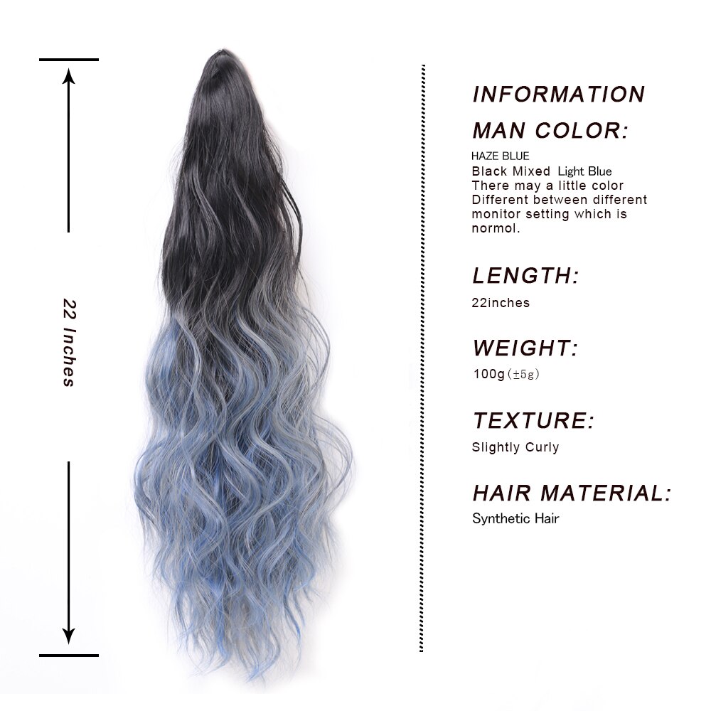 22 polegadas longo ondulado rabo de cavalo cabelo sintético/ombre rabo de cavalo com mini cabelo garra nó/preto natural azul rabo de cavalo para mulher