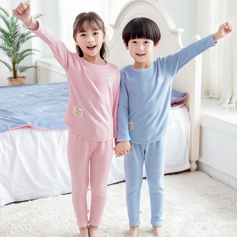 Winter Effen Kleur Katoen Kinderen Pyjama Sets Warm Baby Meisjes Jongens Kleding Jongen Meisje Plus Fluwelen Dikke Kids Nachtkleding