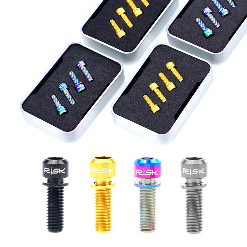 RISK 4pcs M6x18mm M6x20mm Titanium Alloy Mountain Bike Disc Brake Fixing Bolts Screws With Washer for MTB Bicycle
