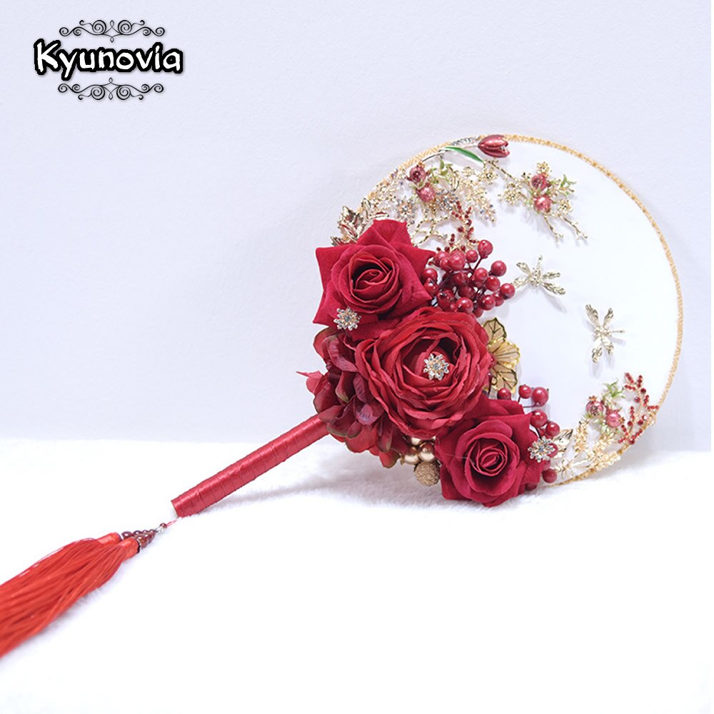 Kyunovia Unique Fan Type Wdding Flower Broach Jeweled Crystal Bridal Bouquet Red Silk Rose Wedding Boquets D26