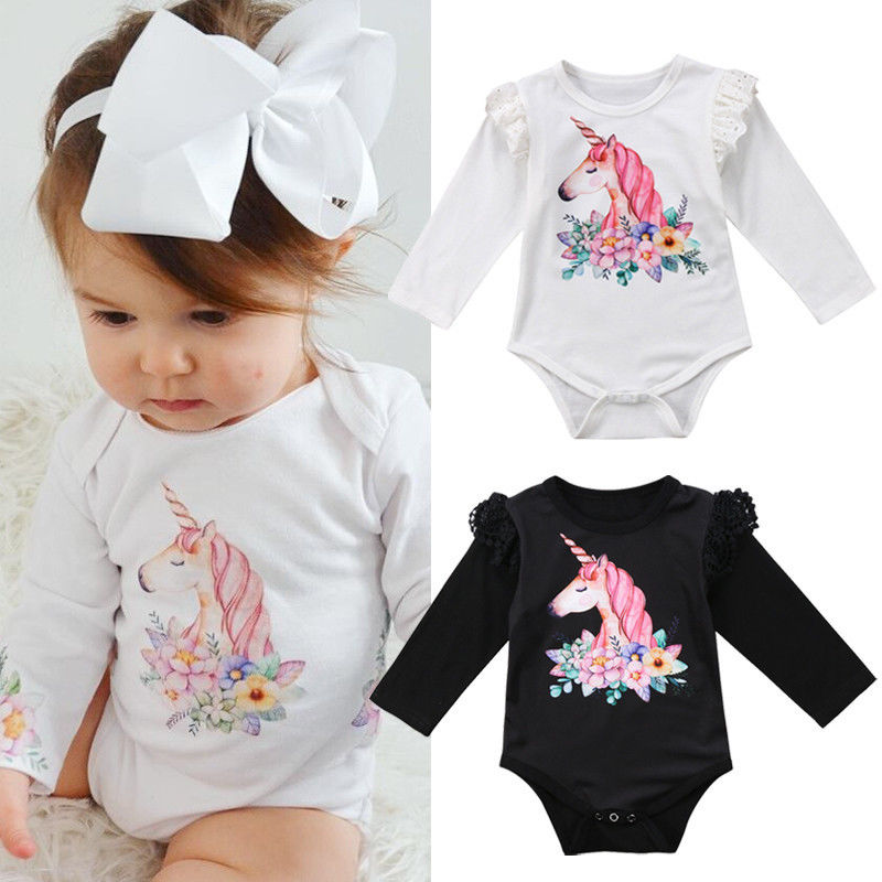 Neugeborenes Baby Mädchen Langarm Rüschen Einhorn Bodysuitoverall Nette Kleidung Kräuseln Outfits