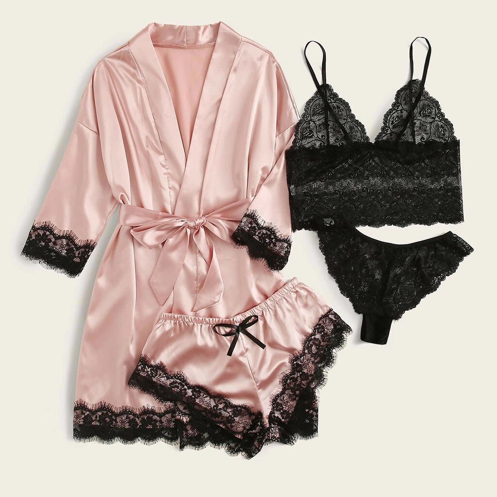 4pc Women Black Lace Satin Bra Camisole Panties Pink Shorts Robe Pajamas Sleepwear Bandage Lingerie Set Nightwear #T2G