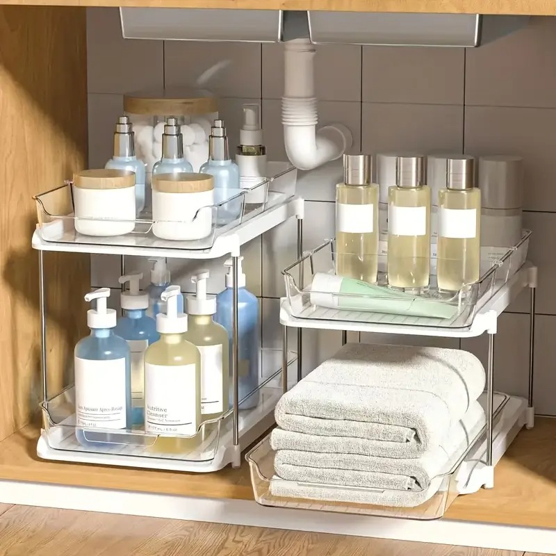 2 Layer Bathroom Organizer Pull Out Movable Counter Storage Rack with drawers Acrylic Multifunctional Under Sink Storage Shelf