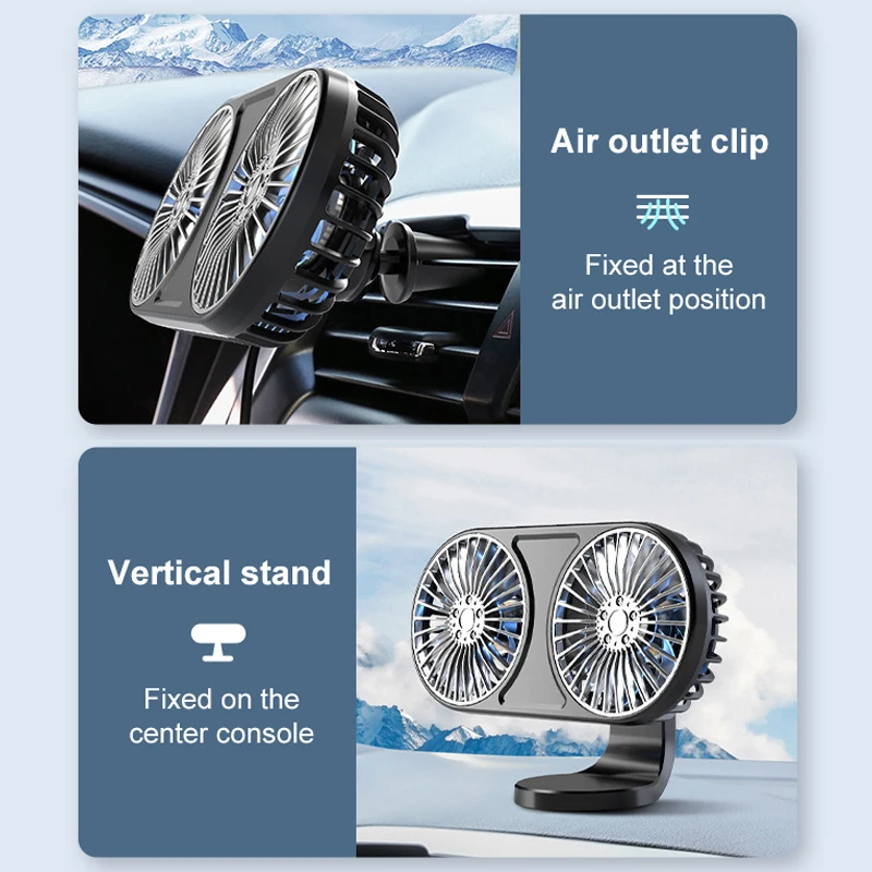 EAFC Car Cooling Fan Double-Head Low Noise 5V USB Electric Car Cooler 360° Rotating Car Air Outlet Dashboard Fan Electrical