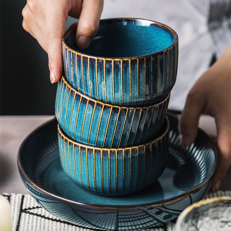 Home green glazed ceramic tableware Blue Retro home kitchenware big dish soup set