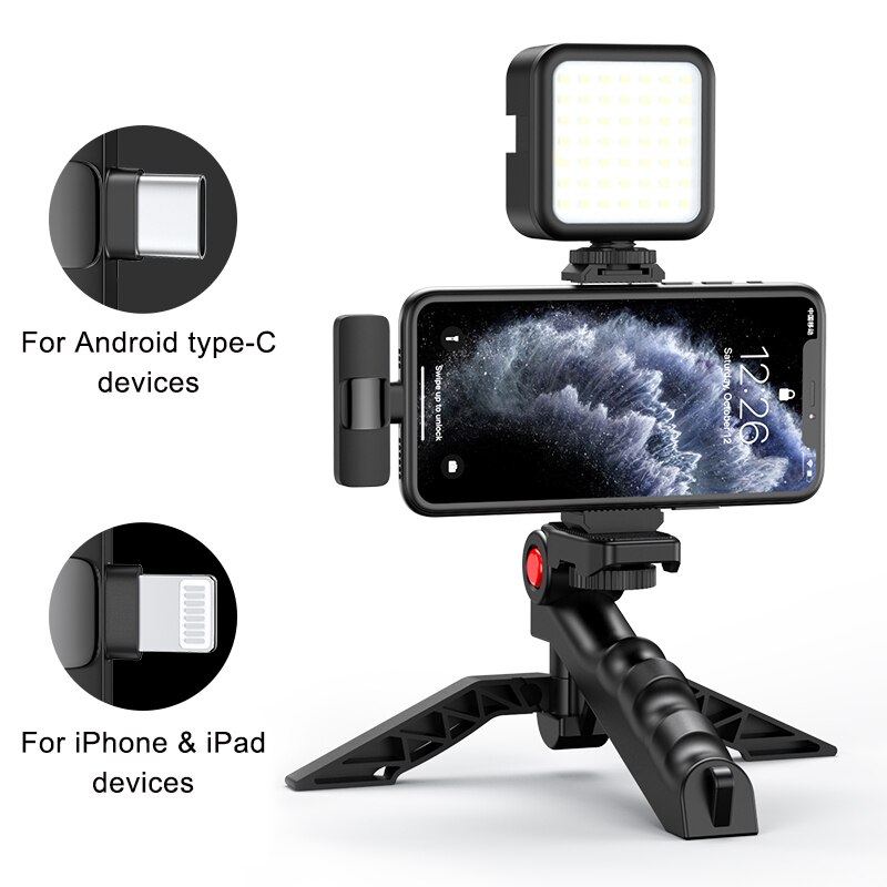 Mamen vlogging kit udstyr telefon stativ med 2.4g trådløse lavalier mikrofoner til iphone android smartphone tablet slr kamera