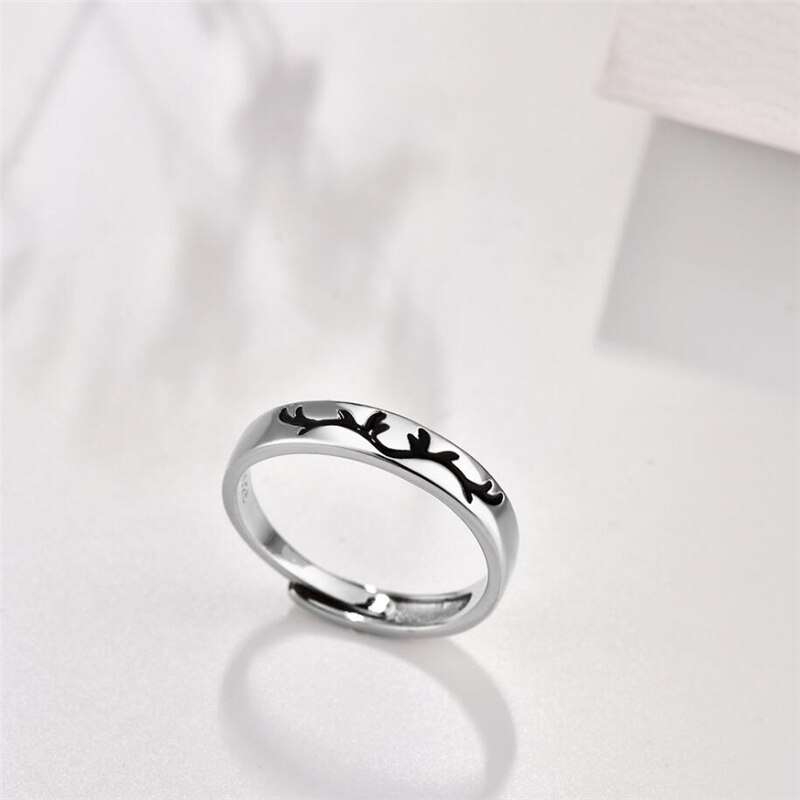 Sole Memory Moonstone Antlers Couple Cute 925 Sterling Silver Female Resizable Opening Rings SRI597