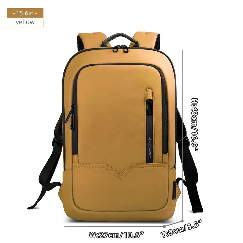Mochila delgada HK para hombre, bolso para ordenador portátil de 15,6 pulgadas, bolso escolar impermeable con carga USB, mochila de viaje ligera, paquete de trabajo universitario: YELLOW