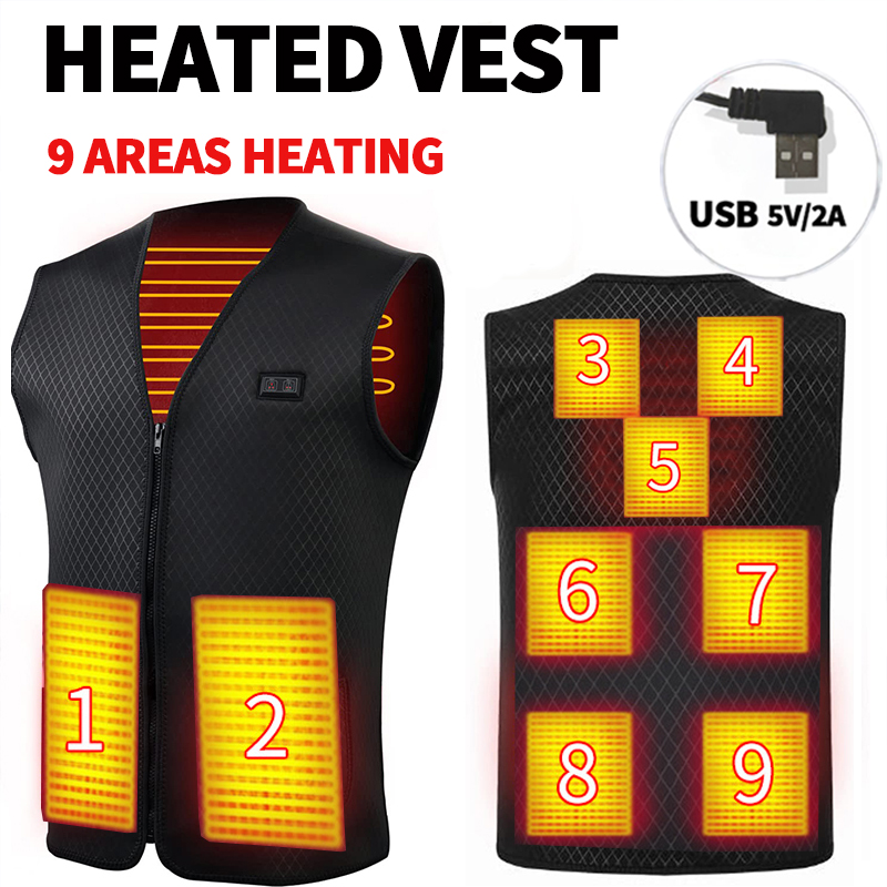 9-gebieden USB-verwarmd vest Heren Dames Elektrisch verwarmingsvest Jas Verwarmd vest Bodywarmer Verwarmd donswarmerjack Winter