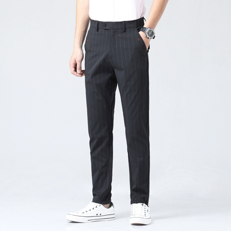 Herrbyxor randiga kostymbyxor herrklänningsbyxor herr affärsbyxor kontor fritidsbyxor, klassiska byxor för herr: Svart / 38