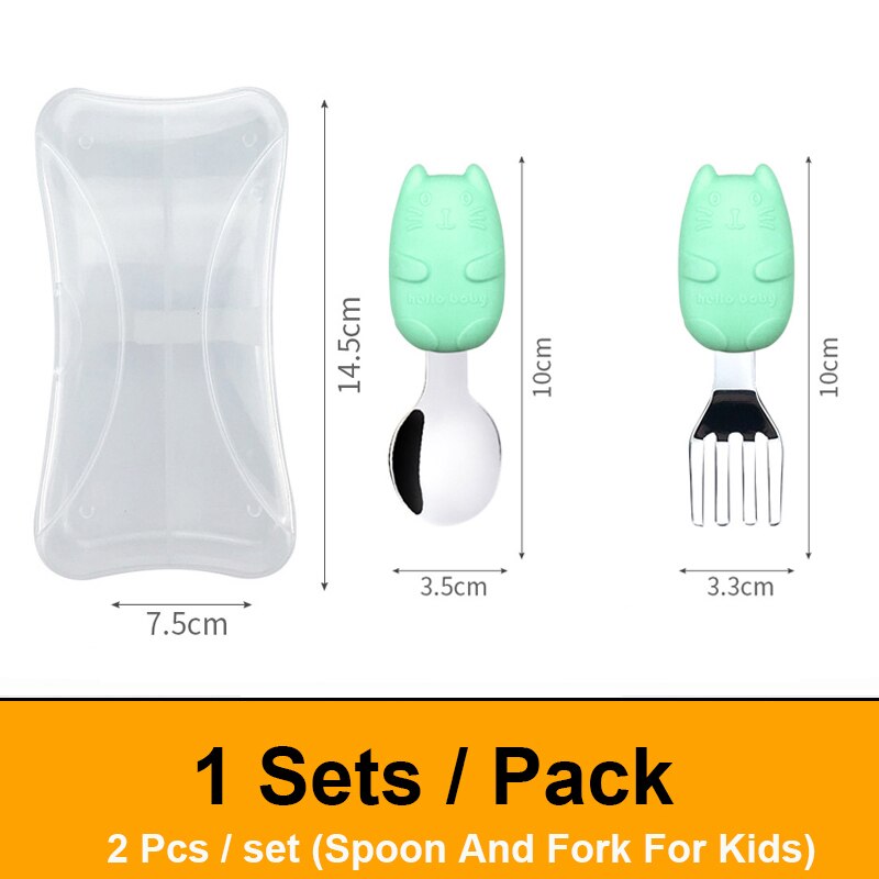 Spoon And Fork For Kids Children's Cutlery Set Cute Cartoon Metal spoons And Forks Stainless Steel Eco Friendly Kids Tableware: Green 1 set