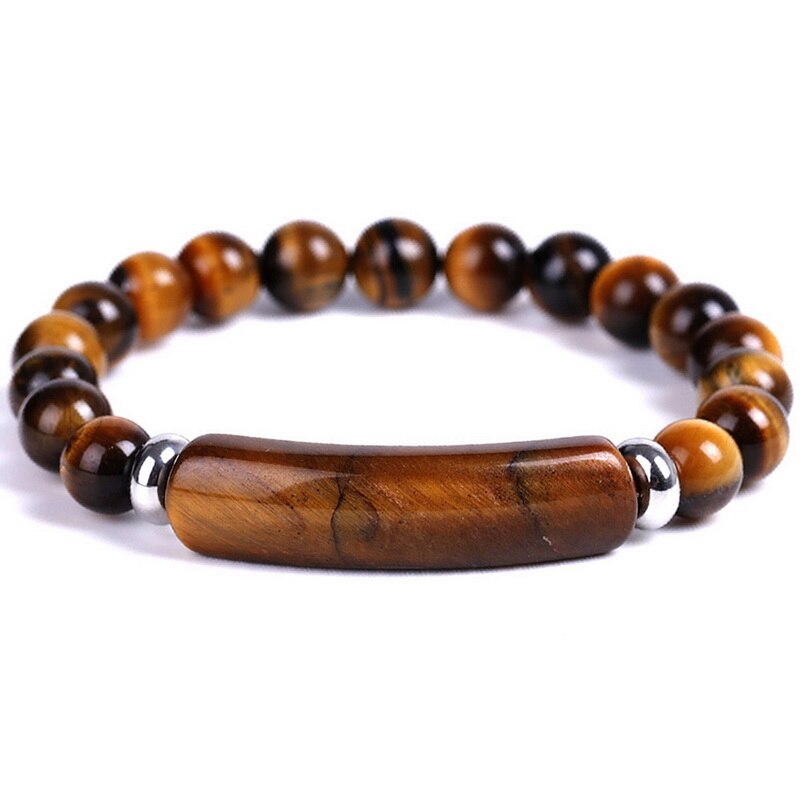 8mm Natural Stone Bracelet Rectangle Bar Charm Beaded Bracelets Handmade Men Women Prayer Fitness Chain Couple Jewelry Xmas: Tiger Eye