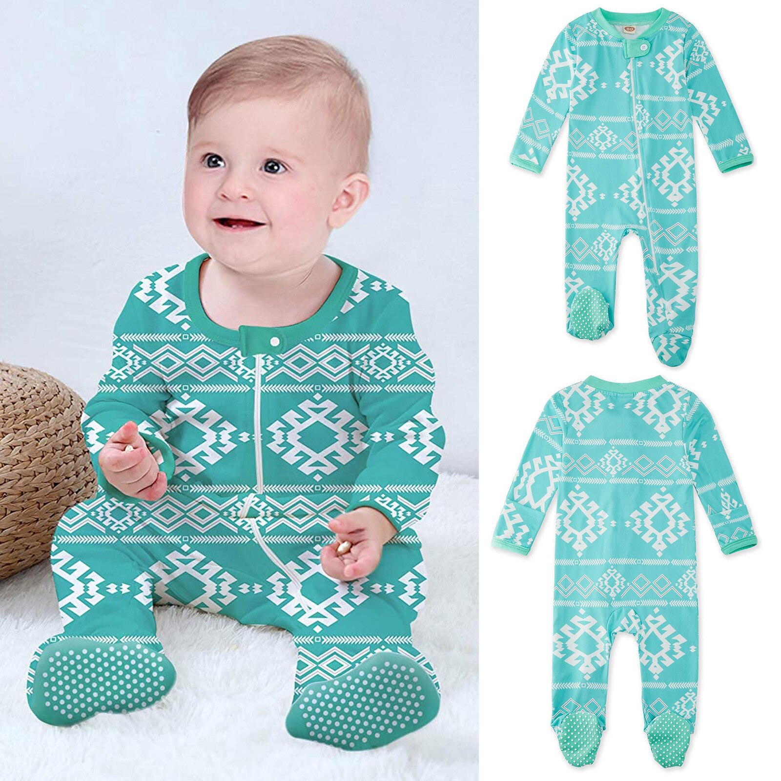 Kleinkind Baby Junge Mädchen Raute Drucken Schlafanzug Baby Mädchen Langarm Schläfer Reißverschluss Trittspielanzug Gesamt Baby Kleidung