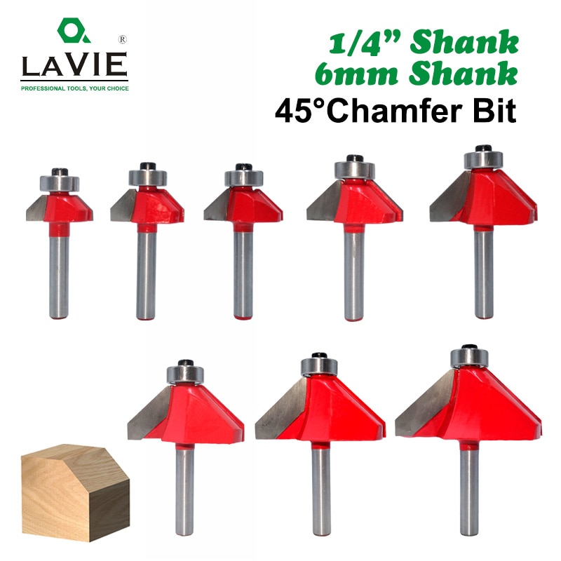LAVIE 1pc 6mm 6.35mm Shank 45 Graden Afschuining Router Beetje Edge Vormen Bevel Houtbewerking Frees voor hout Bits MC01130
