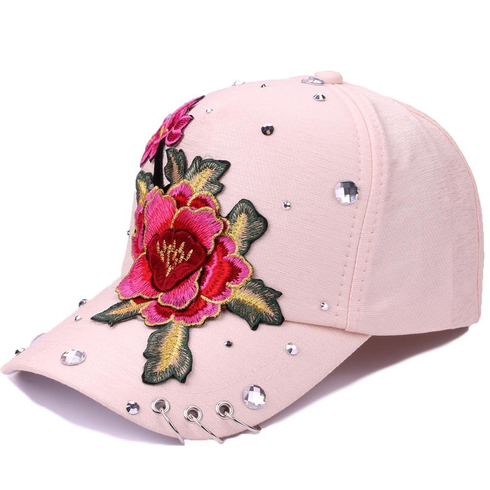 ¡Novedad de ! gorra de béisbol informal para adultos con bordado de flores, gorra de verano para mujer de Hip Hop, gorra con remaches y diamantes de imitación con anillo: beige-pink