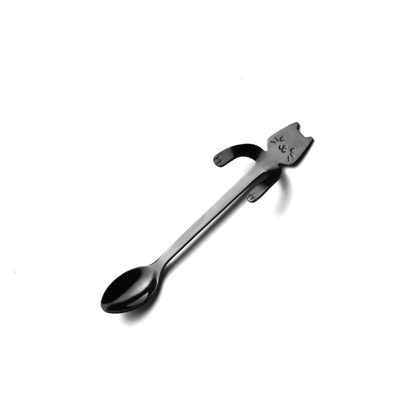 11.5cm Cute Cat Coffee Spoon Stainless Cat Spoon Ice Cream Mini Spoons Teaspoon Dessert Snack Scoop Tableware: black