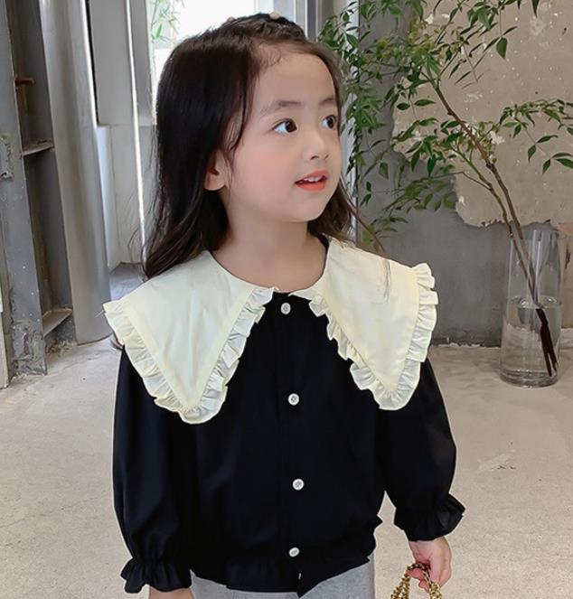 Spring Korean girls' big lapel long sleeve shirt girls' short waist top kids girl: 3T