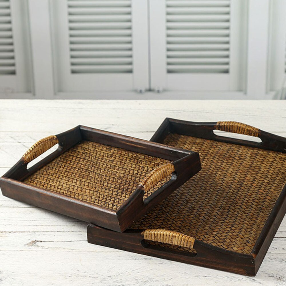 1Pc Retro Rechthoekige Lade Rotan Geweven Lade Eenvoudige Praktische Thee Plaat