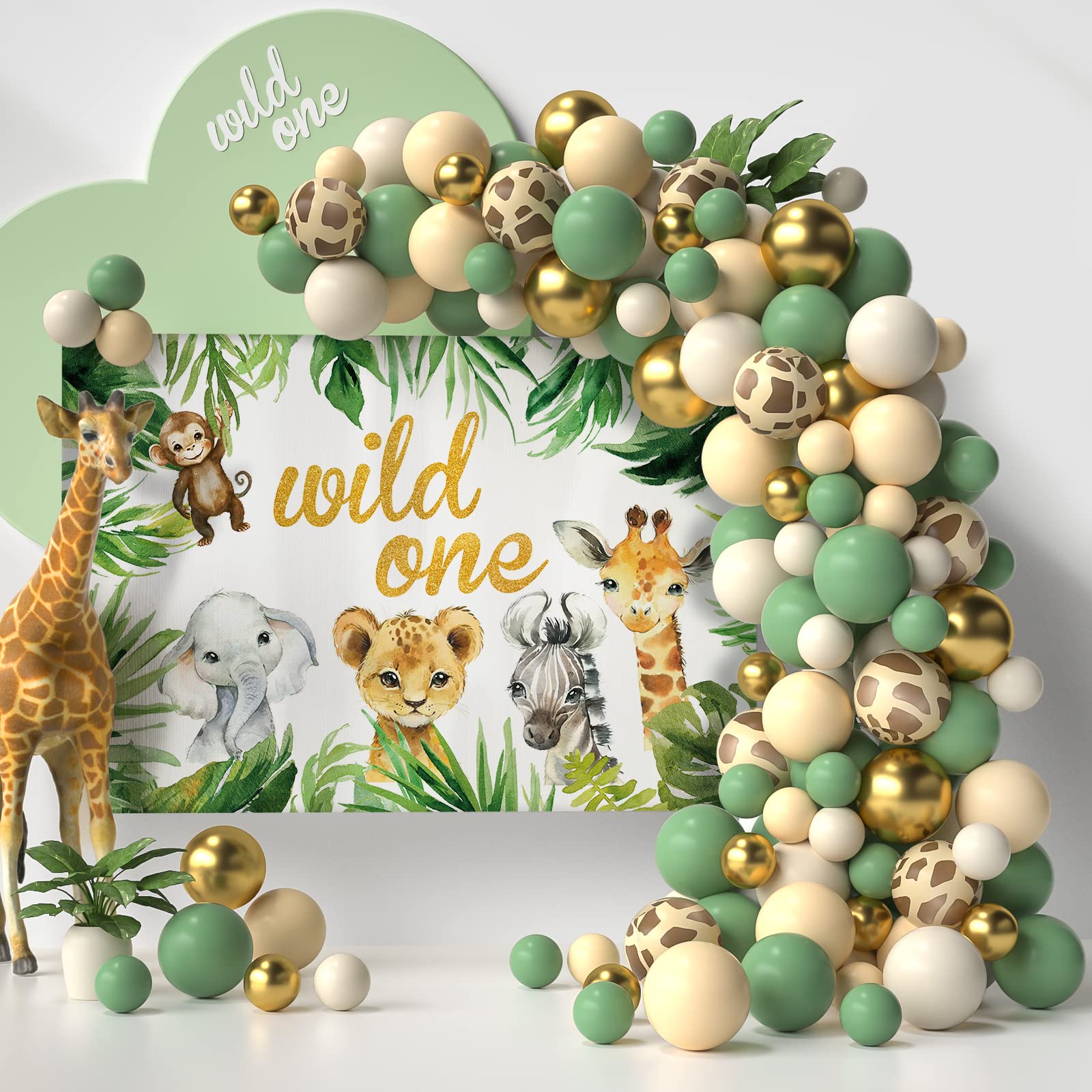 Kit de arco de guirnalda de globos blancos de Safari en la jungla, suministros para de cumpleaños para niños, globos de látex dorados con patrón de ciervo, decoración para Baby Shower