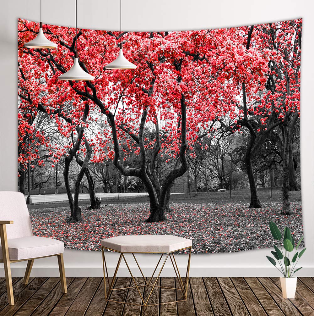 Rode Bloem Bomen Blossom In Zwart-wit Landschap Scène Tapijt Muur Opknoping Boerderij Woodland Tapestry