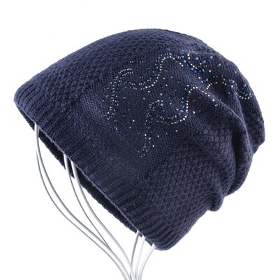 Varm strik beanie med rhinestones vinter dobbelt foring hatte til kvinder fletning ensfarvet skullies beanies dame kasket: Blå