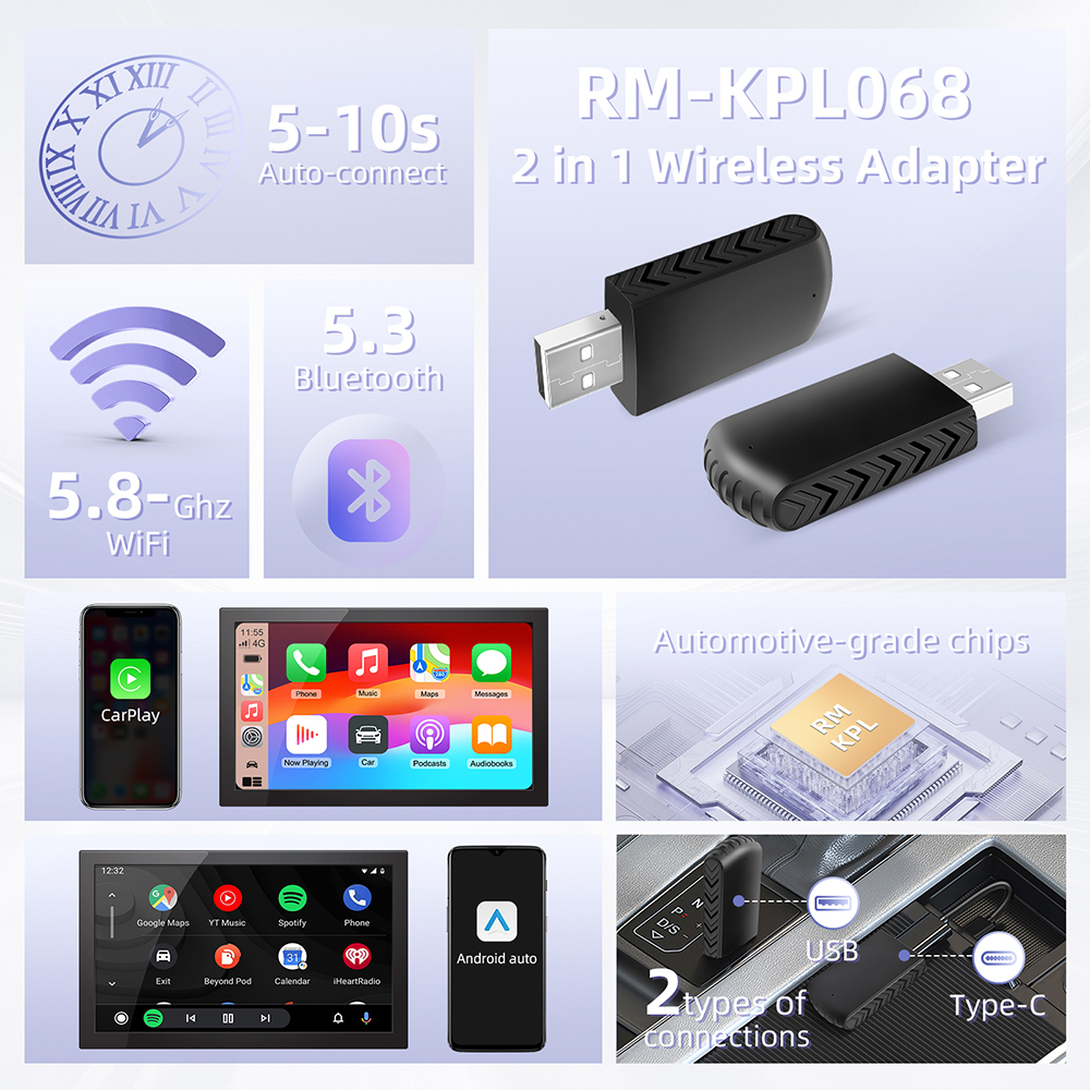 Carplay trådlös 2 in adapter minibox wifi snabb anslutning trådbunden till trådlös android auto för 1 /typ c dongle plug and play