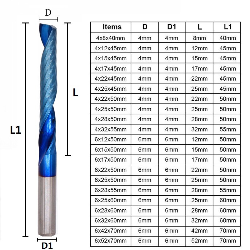 1pc 4mm/6mm Shank Single Flute End Milling Cutter Nano Blue Coated Tungsten Carbide CNC Router Bit 1 Flute Engraving Bit