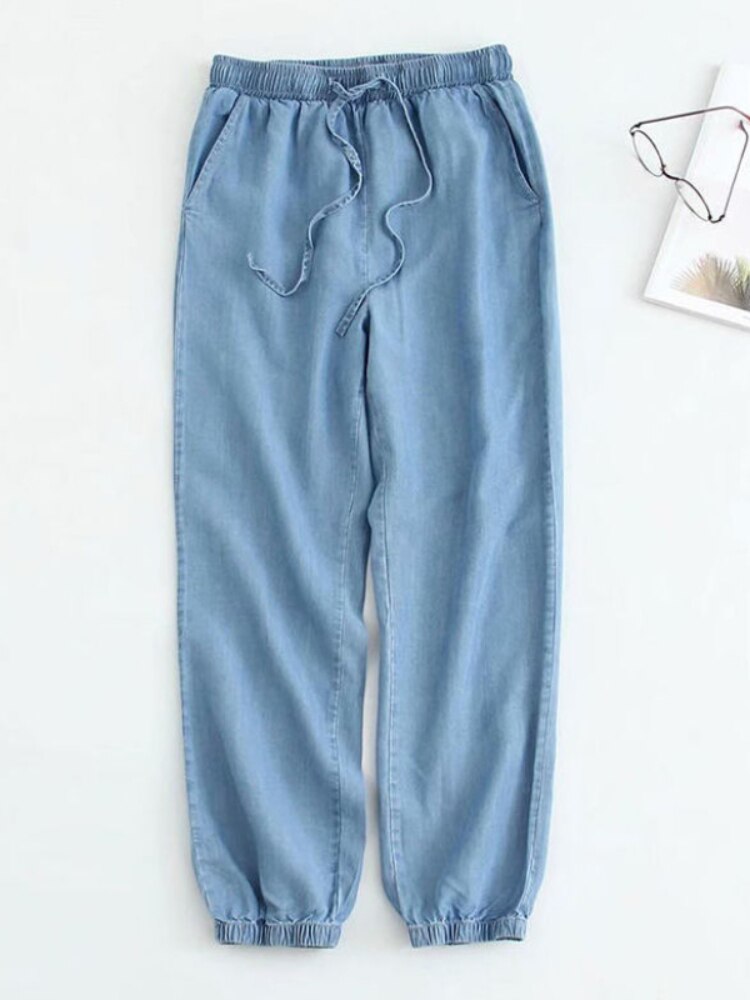Jean d'été en soie glacée pour femmes, pantalon Harem, taille haute, ample, mince, élastique, classique