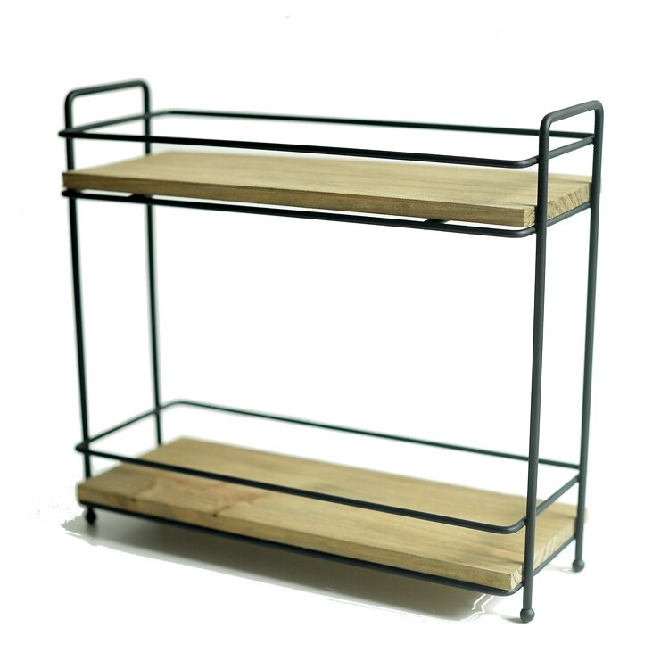 Modern Metal Wood Two Tiers Storage Rack Countertop Sundries Organizer Rack Kitchen Spice Rack Cosmetics Rack for Girl: Black