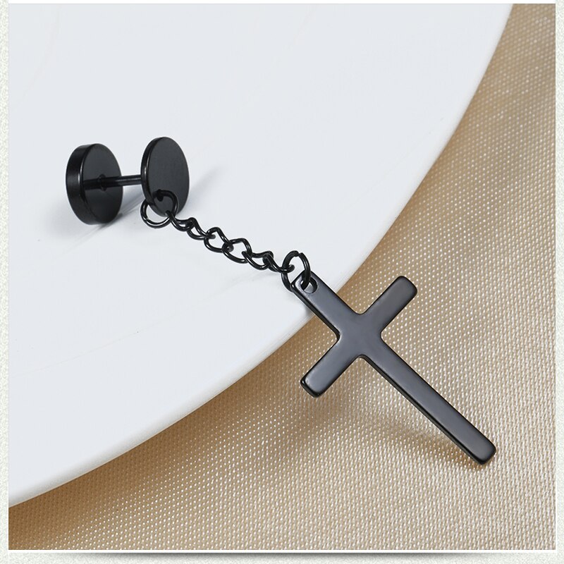 Punk Cross Stud Earrings For Men Women Black/Steel/Gold Chain Pendant Tassel Earrings Unisex Earrings Jewelry: Black