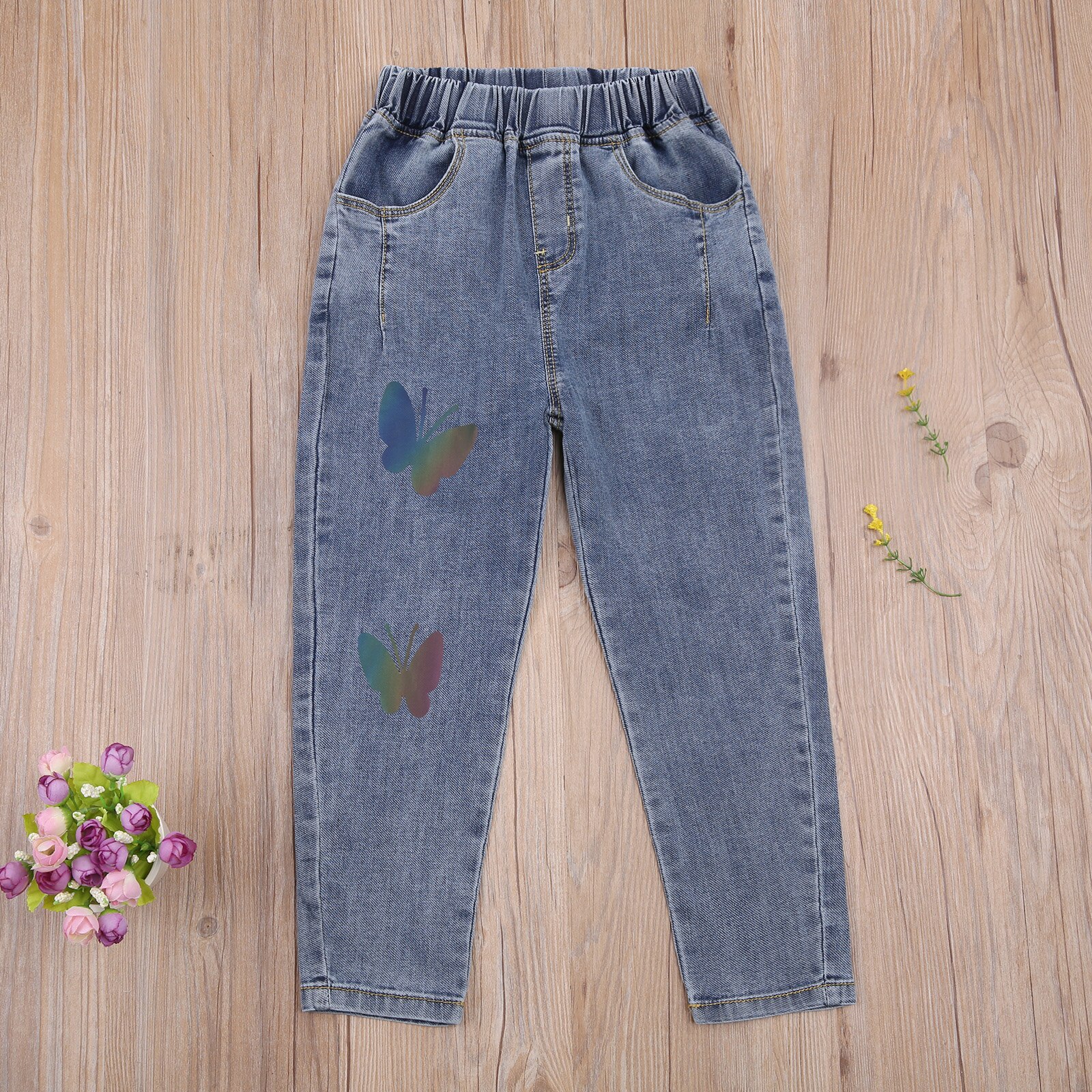 Girl's Long Kids Jeans Elastic Waist Rainbow Butterfly Pattern Long Denim Pants with Side Pockets Lovely Casual Trousers