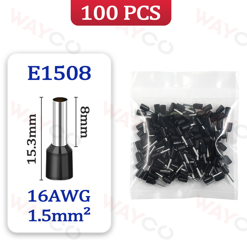 100 Stks/pak E0508 E7508 E1008 E1508 E2508 Buisvormige Crimp Terminals Adereindhulzen Koudgeperste Geïsoleerde Elektrische Draad Connectoren: E1508 - 100PCS