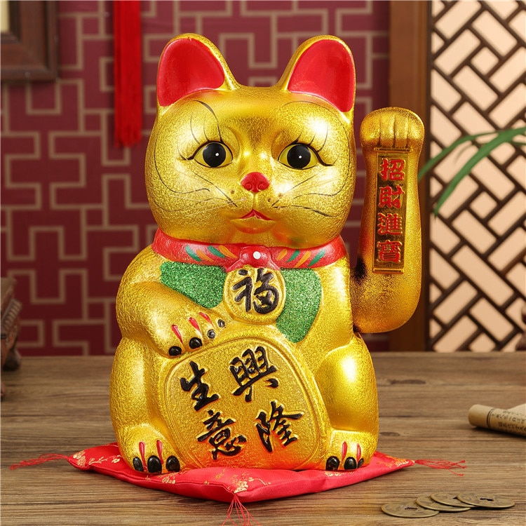 Cute 7inch Gold Ceramic Lucky Cat Figurines Feng Shui Wealth Ornaments Electric Waving Shaking Hands Home Decoration Accessories