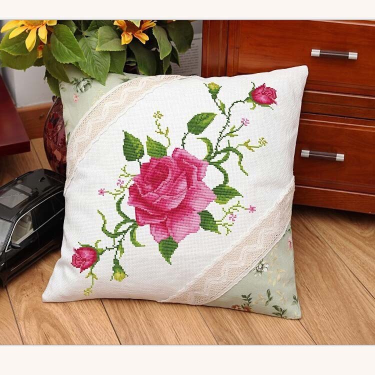 Kit de bordado artesanal de flores rosas, funda de almohada de hilo acrílico, tapiz de lona, Fundas de cojín de costura,: rose