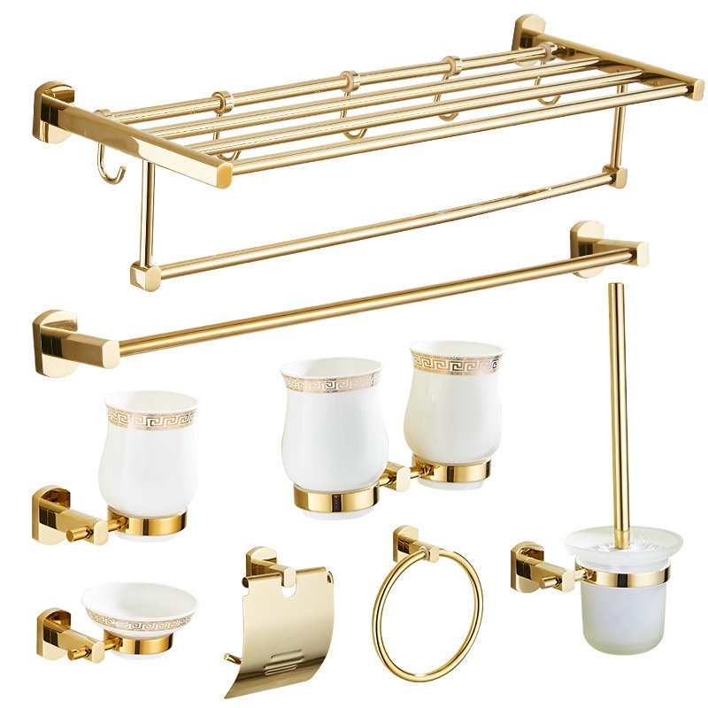 Bathroom Accessories Set Brass Gold Towel Rack Toilet Brush Holder Corner Shelf Paper Holder Soap Dish Hooks Bath Hardware Sets