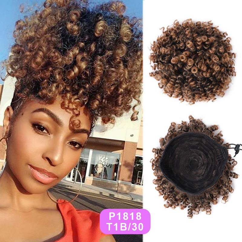 BEAUTY PROS High Puff Afro Curly Wig Ponytail Drawstring Short Afro Kinky Chignon Bun Hairpiece Pony Tail Clip In on: P1818-T1B-30