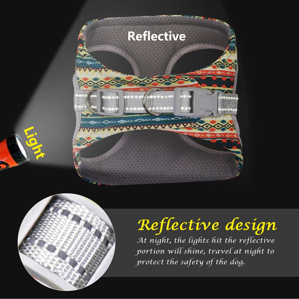 Reflective Dog Harness Soft Mesh Pet Puppy Harness Leash Set French Harnesses Bulldog Printed Dogs Small Medium Vest