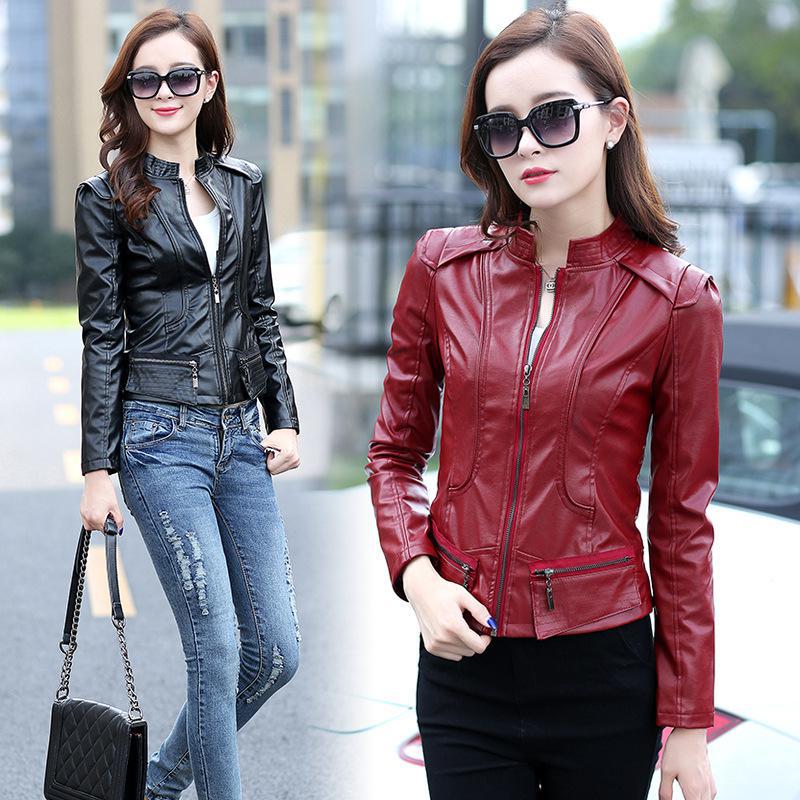 Black autumn stitching leather jacket women artificial leather motorcycle jacket wine red girls jacket Jackets 2XL