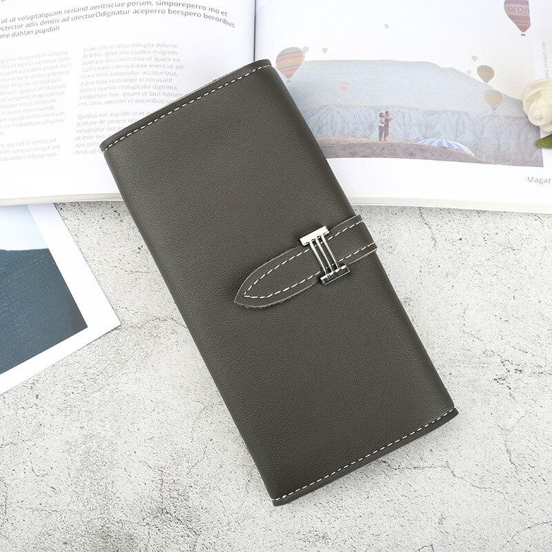 Women's H Letter Leather Wallet lady clutch purse Solid Color Drawstring Long 3 Fold Wallet Spring Model: DARK GREY