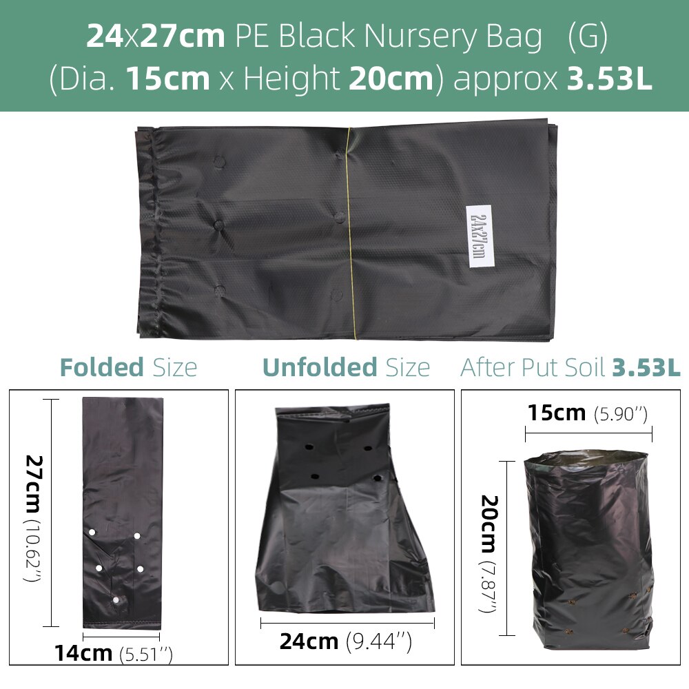 Bolsas de plástico de polietileno para vivero, macetas de cultivo de plantas de tela con agujeros transpirables para cultivo doméstico, suministros de jardinería, color negro, 100 piezas: Black 24x27cm