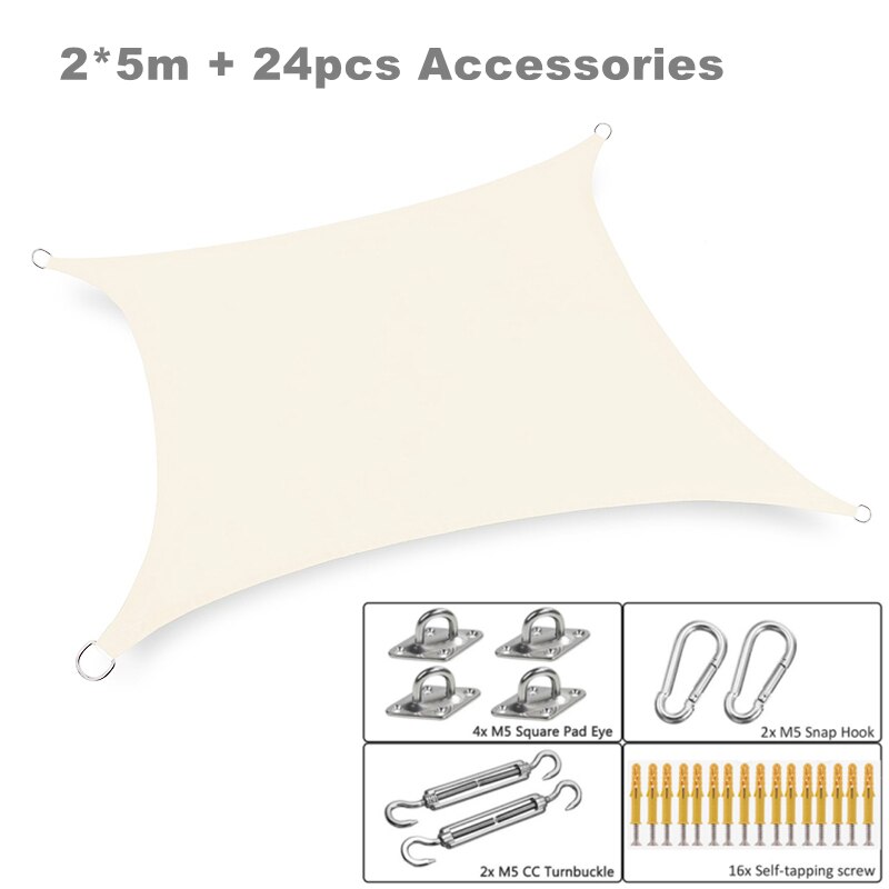 Waterproof Sun Shade Sail &amp; 24Pcs Accessories Set Outdoor Awnings Garden Patio Pool Canopy Sun-shelter Rectangle Shade Sails: Beige 2x5 set