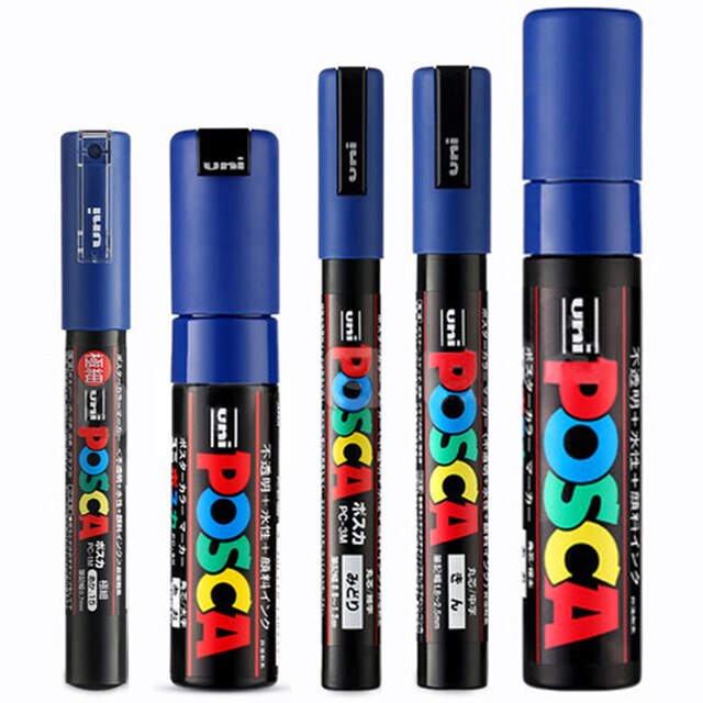 5 stk / sæt uni posca maling pen blandet mærke 5 størrelser hver med 1 pen pc -1m/3m/5m/8k/17k maleri pop plakat reklame pen: Blå