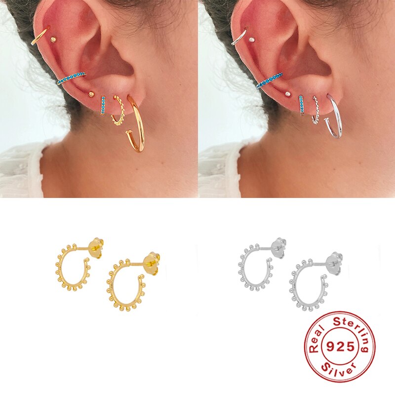 ROXI C Shape Round Beads Stud Earrings for Women Girls Sun Woman Earrings Solid 925 Sterling Silver Jewelry Pendientes