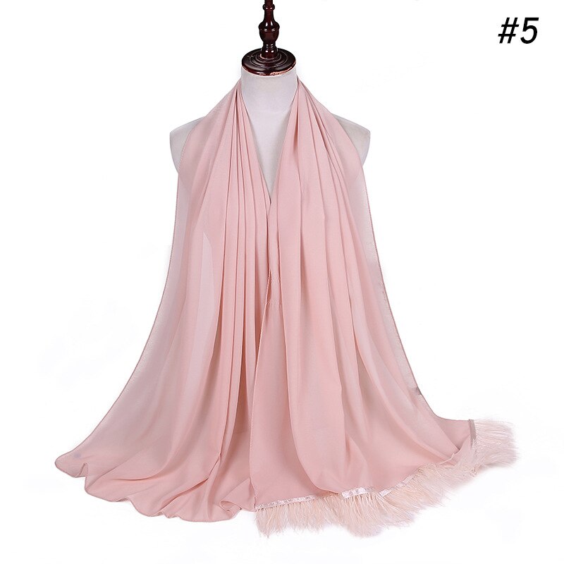 Trend Feather Hijabs Turban Chiffon Single-Side Short Feather Stitching Scarf Long Shawl For Muslim Women Headscarf: 5 light pink