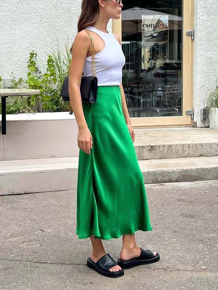Silke satin nederdele til kvinder højtaljet nederdel kvinder a-linje nederdele sommer pink midi nederdel koreansk stil: S / Grøn